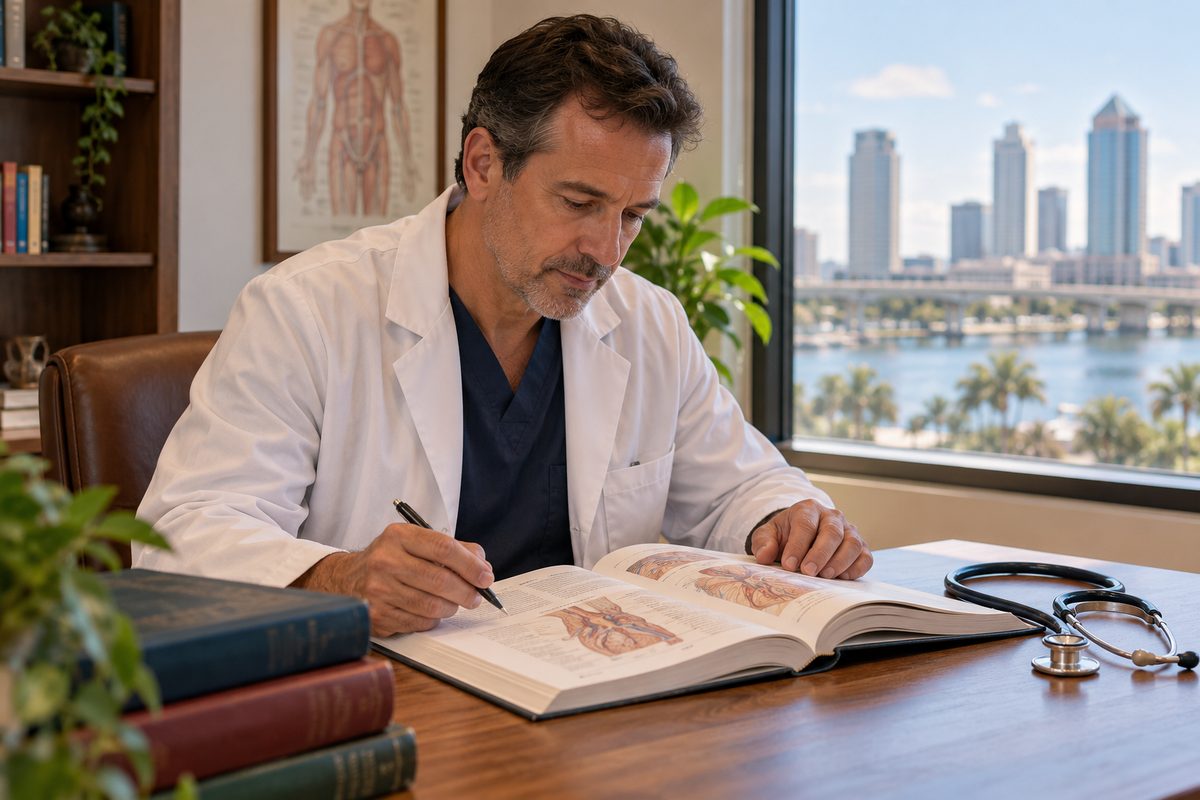 Dr. Ivan Petrov private oncology study with clinical reference monograph and consultation desk.
